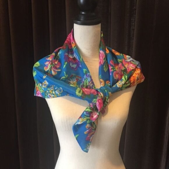 Vintage Silky Square Scarf in Blue with Beautiful Flowers - Picture 3 of 4